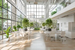 Bright open-plan office with plants and morning daylight